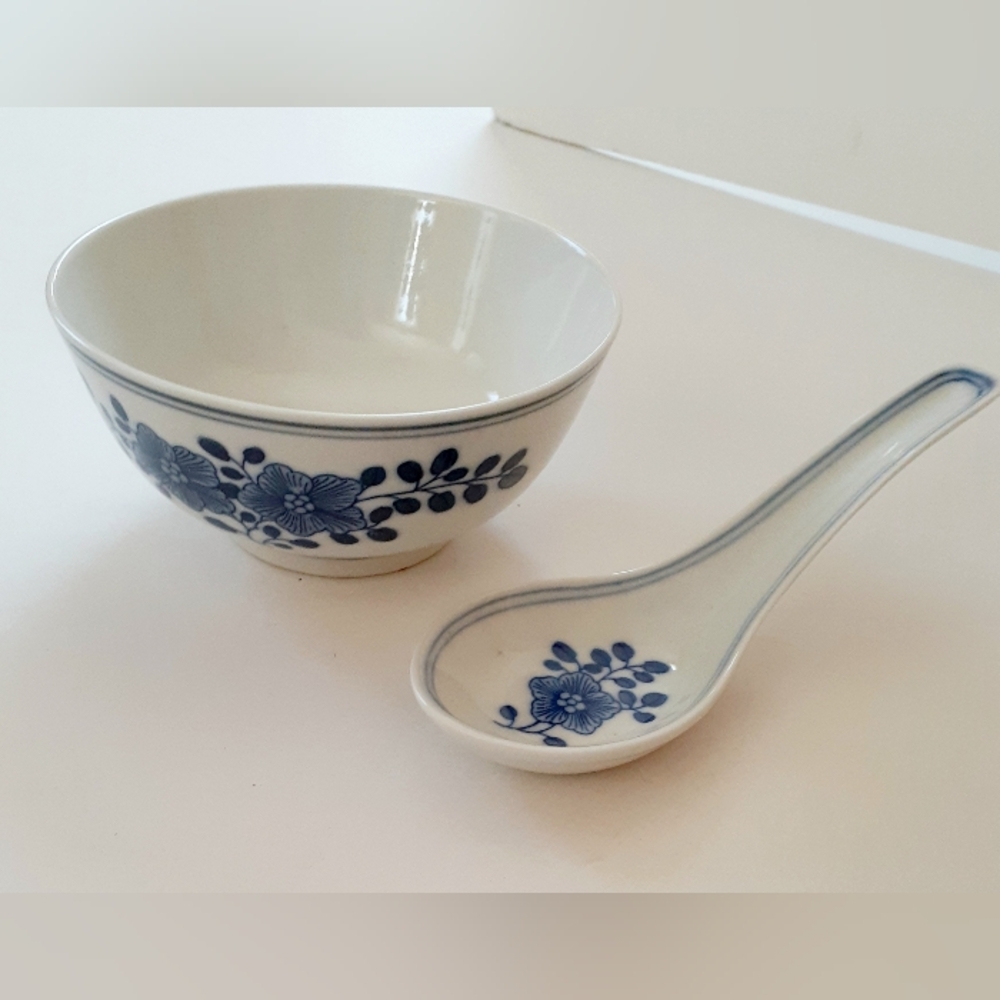 Blue Ceramic Floral Bowl and Spoon Set